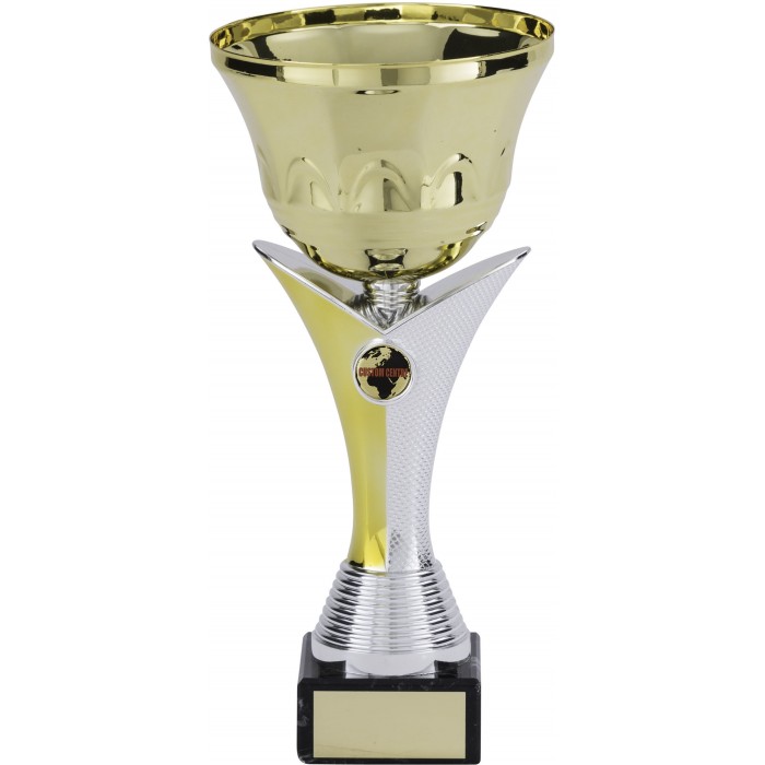 GOLD CUSTOM CENTRE METAL TROPHY CUP ON V-RISER AVAILABLE IN 5 SIZES